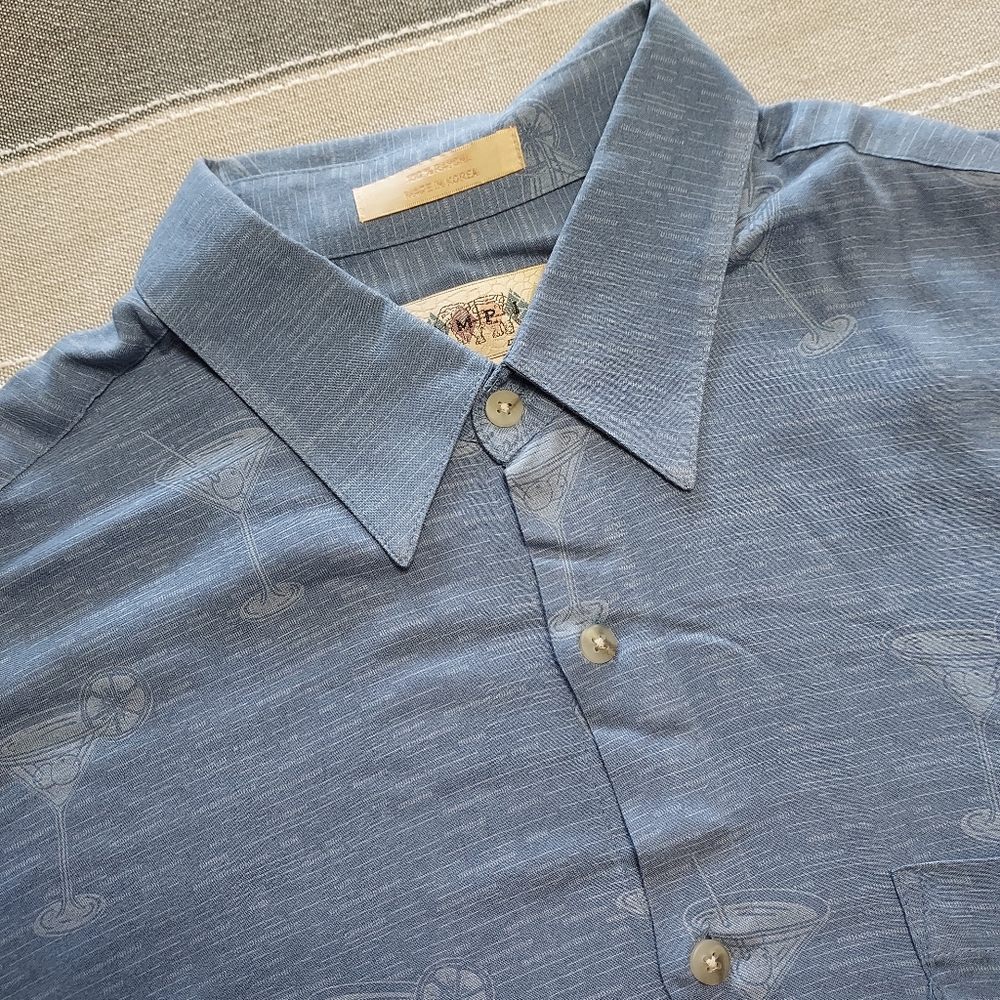 Vintage Campia Moda Men's Large Blue‎ Martini Glass Drinks Hawaiian Shirt Rayon